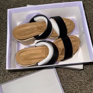 Madden Girl Black and Tan Wedge Slides